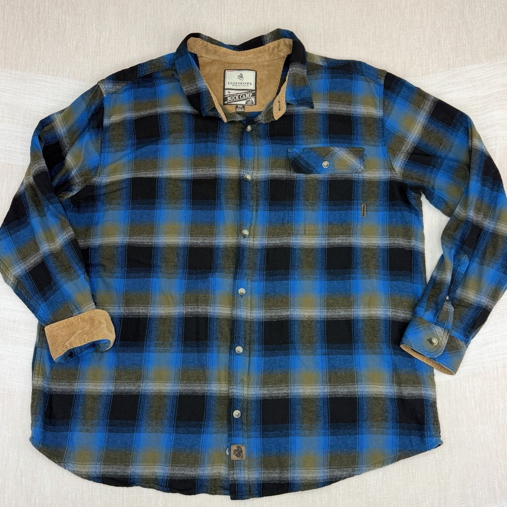 Legendary Whitetails Buck Camp Men's Flannel Shirt Sz 2XL Blue Navy Tan Corduroy